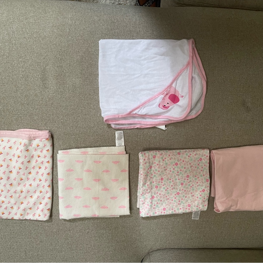 5 baby blankets. 3 Carters; 2 unknown.